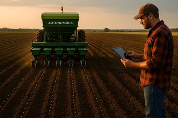  Farmer controlling autonomous planting machine with tablet at sunset