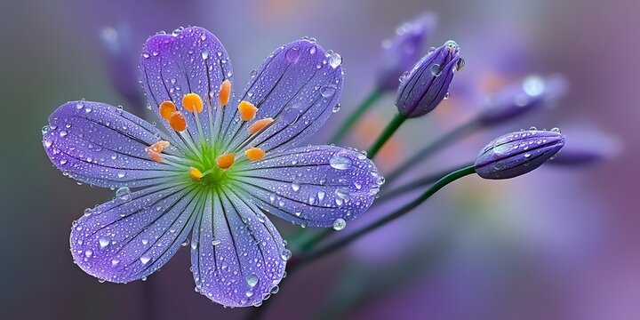 Close-Up of Purple Flower with Dew-Kissed Petals and Orange Stamens, Highlighting Nature’s Freshness, Detail, and Vibrant Elegance - Powered by Adobe