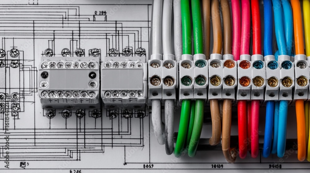 Poster close-up view of electrical components and wire connections on a blueprint layout