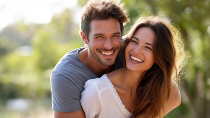 Fototapeta premium Joyful young couple laughing together in soft sunlight