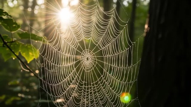 Spiderweb Covered in Dewdrops Shines in Morning Forest Light