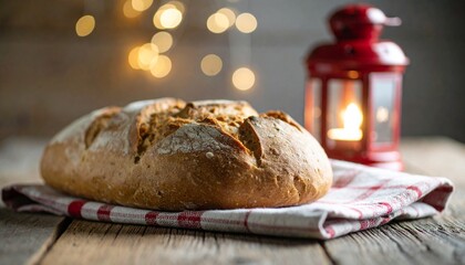 Swiss National Day Traditional Round Bread and Red Lantern on Rustic Wooden Table for Celebration