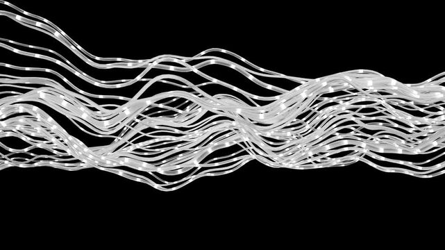 Abstract Glowing White Wires Flowing in Dark SciFi Background. 3D Animation. 4K