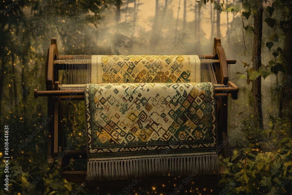 Poster handwoven rugs on a loom in a mystical forest setting, showcasing intricate patterns and textures.
