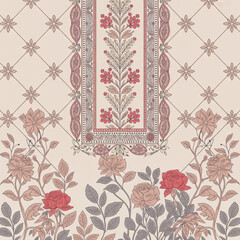 Floral Textile Print Rose Motif and Ornamental Elements
