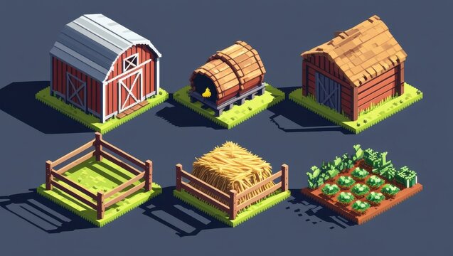 A collection of isometric pixel art farm elements including barns haystacks fences a kiln and crops