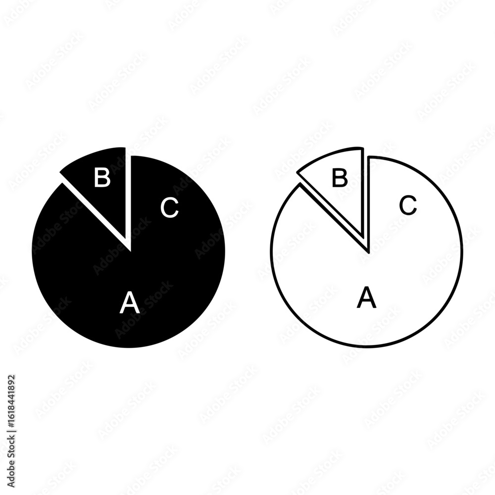 Poster silhouette vector illustration showing two pie charts with sections labeled a b and c in black and w