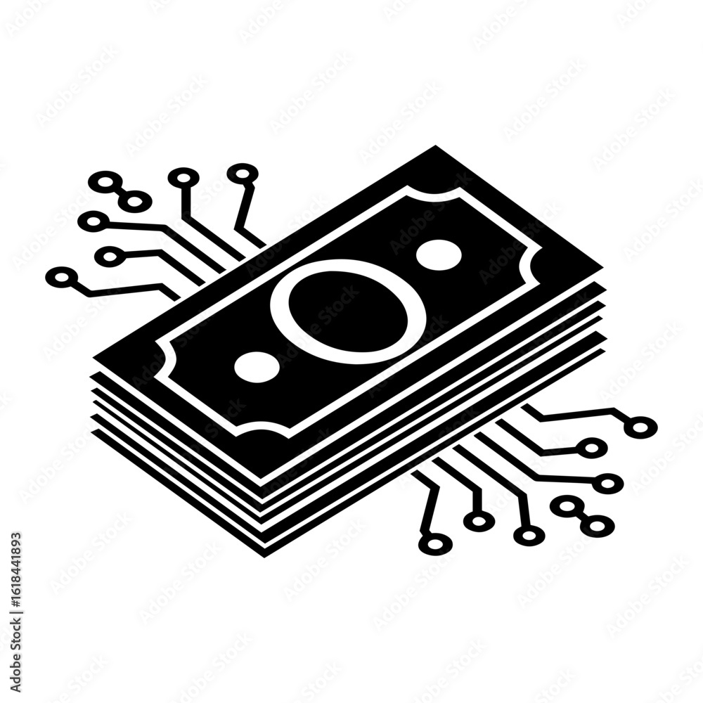 Poster silhouette vector isometric stack of money with electronic circuit connections in black and white on