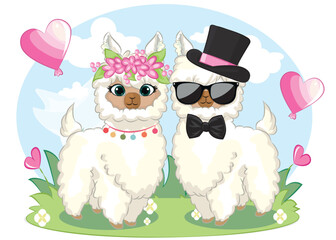 cute couple cartoon llama with no drama llama text. Happy Valentine's day greeting card. © Ridwan