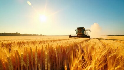 Golden wheat field under a summer sun, ready for harvest Combine harvester in the distance Abundant crop, ripe and ready for reaping Beautiful rural landscape , farming industry, wheat field