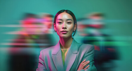 Confident Asian businesswoman in chic blazer amid teal green and magenta pink motion-blurred corporate crowd

