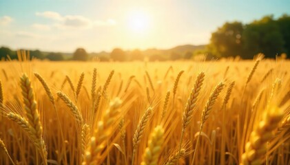Golden wheat field shimmering under summer sun, stalks swaying gently in the breeze A picturesque landscape of abundant harvest, ready for reaping , plant, summer landscape, golden