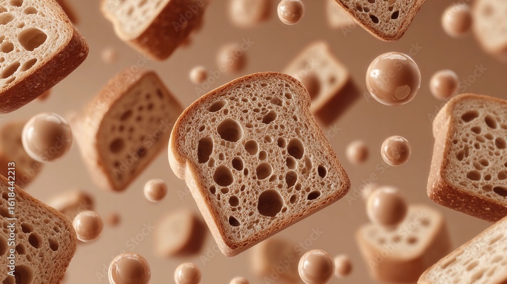 Poster floating slices of bread surrounded by bubbles in a surreal setting