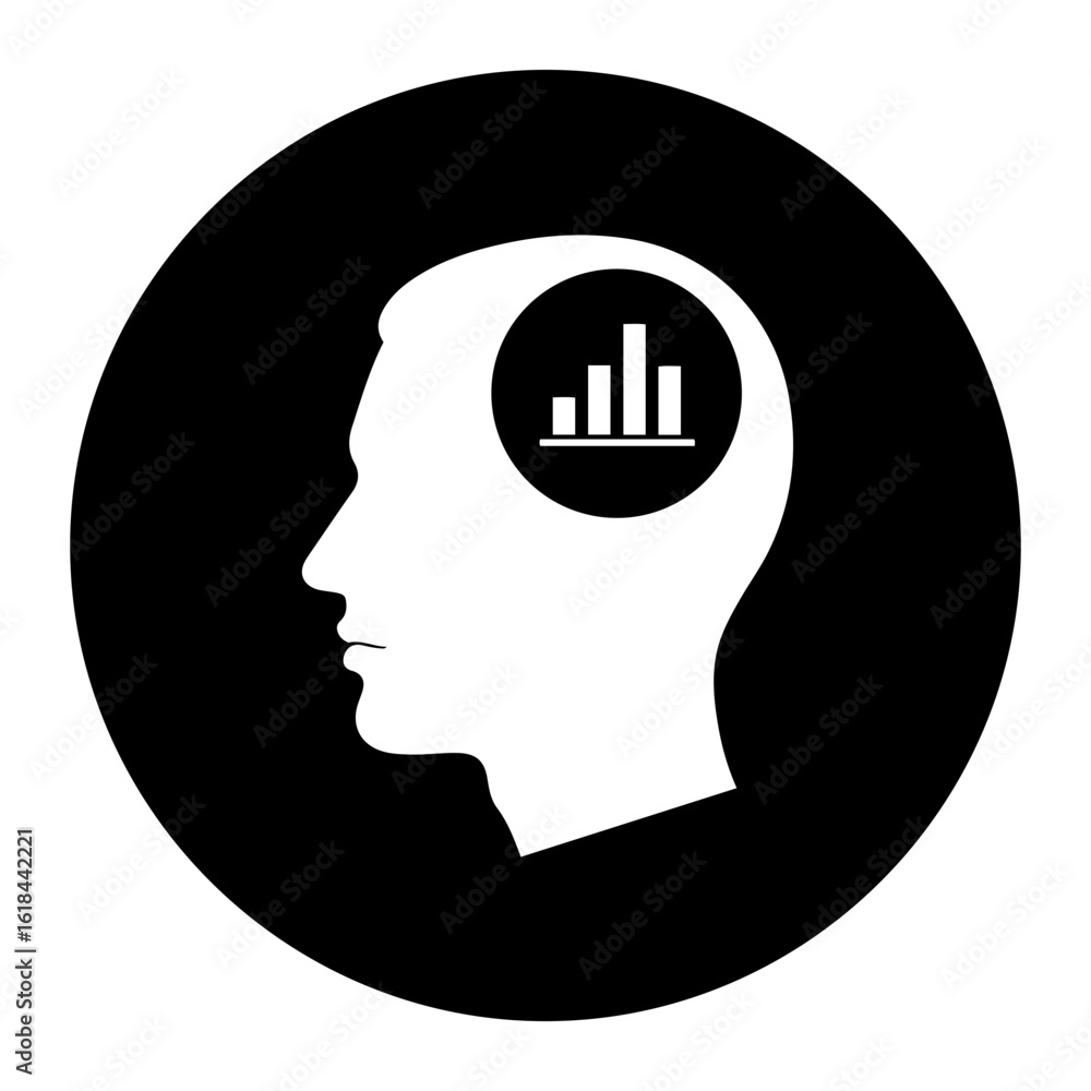 Poster silhouette vector white silhouette of a head in a black circle with a bar graph inside the head on t