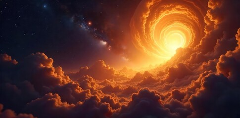 Golden rays illuminate a celestial landscape, swirling nebulae and distant galaxies forming a breathtaking backdrop Perfect for religious, spiritual, or fantasy projects , rays, spiritual, infinite