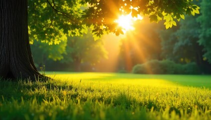 Golden hour sunlight streams through leaves onto a sun-drenched lawn, casting long shadows and illuminating dew-kissed grass Perfect for summer, nature, and serenity themes , sunday, soft light
