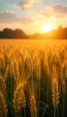 Golden hour sunlight illuminates a bountiful field of ripe, ready-to-harvest feed crops, swaying gently in the breeze A picturesque scene of agricultural abundance , harvest, farm, abundance