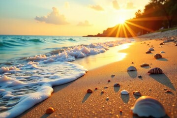 Golden hour sunlight bathes a sandy beach, gentle waves lapping the shore, seashells scattered nearby Perfect summer escape, carefree vibes , serene, seascape, coast