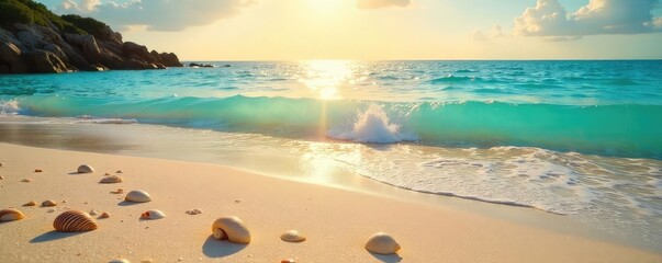 Golden hour sunlight bathes a pristine, sandy beach meeting a calm turquoise ocean Seashells scattered along the shoreline, gentle waves lapping the shore , calm, getaway, turquoise