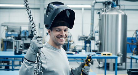 L&auml;chelnder Schwei&szlig;er mit Schutzhelm und Schwei&szlig;ausr&uuml;stung