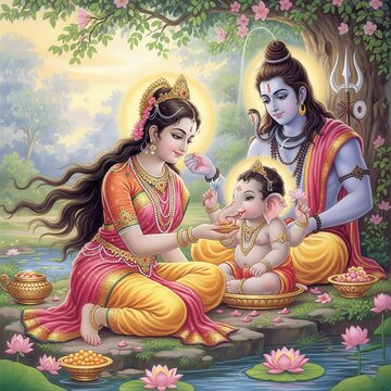 Parvati Ji Feeding Baby Ganesha &ndash; Shiva Watching in Lotus Garden | Devotional Family Scene HD Wallpaper