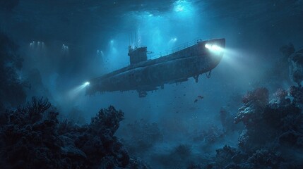 In this deep-sea exploration scene, a high-tech submarine emits a bright searchlight, illuminating a mysterious ancient shipwreck covered in vibrant coral.