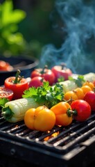 Fresh spring vegetables and herbs grilling on a hot barbecue, smoky aroma fills the air, vibrant colors and healthy food ,  basil,  vegetables,  vibrant colors