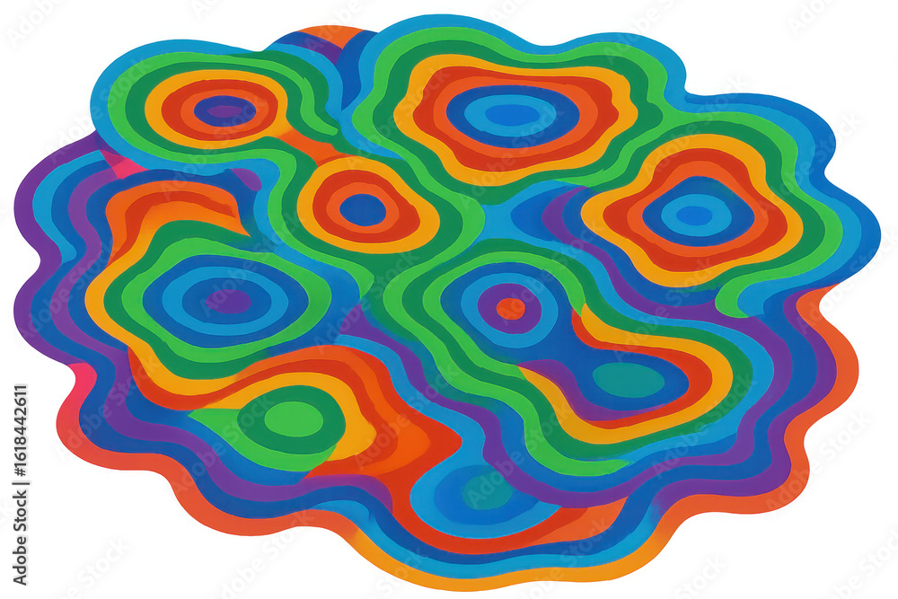 Poster rainbow topographic map with colorful concentric circles forming an abstract design, isolated on tra