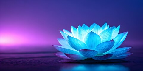 Glowing blue lotus flower on a dark water surface with purple background