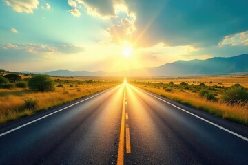 Endless asphalt ribbon vanishing into the hazy distance, sun-drenched landscape stretching towards the horizon  A scenic summer highway journey awaits ,  road trip,  asphalt,  freedom
