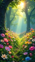 Enchanted meadow bursting with vibrant wildflowers, sunlight dappling through leaves, creating a magical floral landscape Perfect for spring, nature, and fantasy themes , botany, wilderness