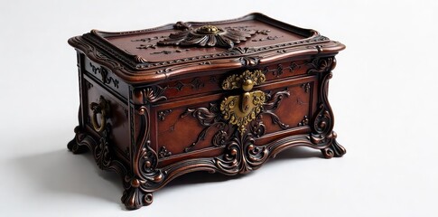 Elegant antique chest jewelry box, intricately carved with floral details, perfect for storing precious valuables Rich mahogany finish, ornate brass hardware, vintage charm , old, ornate, beautiful