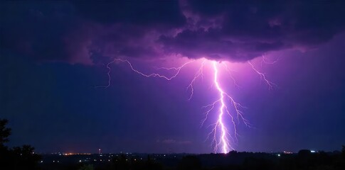 Dramatic shot of a powerful bolt of lightning striking during a thunderstorm, illuminating the dark night sky The vibrant flash reveals the raw power of nature's electricity , scary, majestic