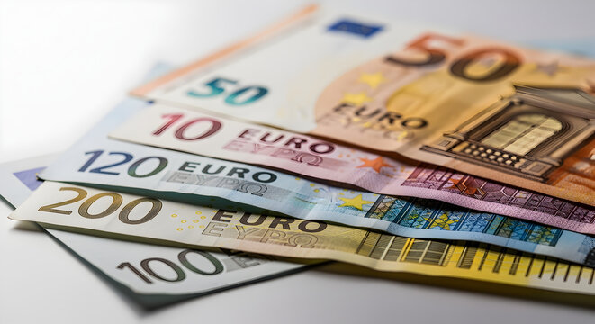 Assorted Euro Currency Banknotes Stacked in Various Denominations on White Surface