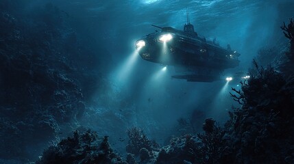 In this deep-sea exploration scene, a high-tech submarine emits a bright searchlight, illuminating a mysterious ancient shipwreck covered in vibrant coral.