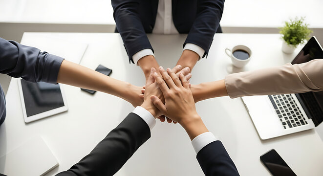 A diverse business team joins hands in a huddle over an office desk, symbolizing teamwork, unity, and success.