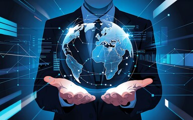"Holding Glowing Digital Globe World with Network Connections in Open Hands ,Futuristic Global Connectivity Concept ,Digital Earth Hologram with Network Lines,"