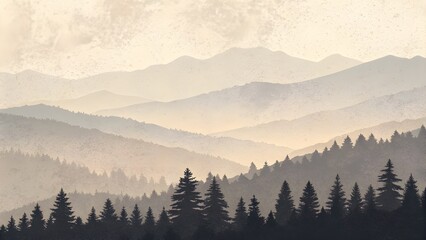 Fototapeta premium Misty mountain range with evergreen forest silhouette at sunrise