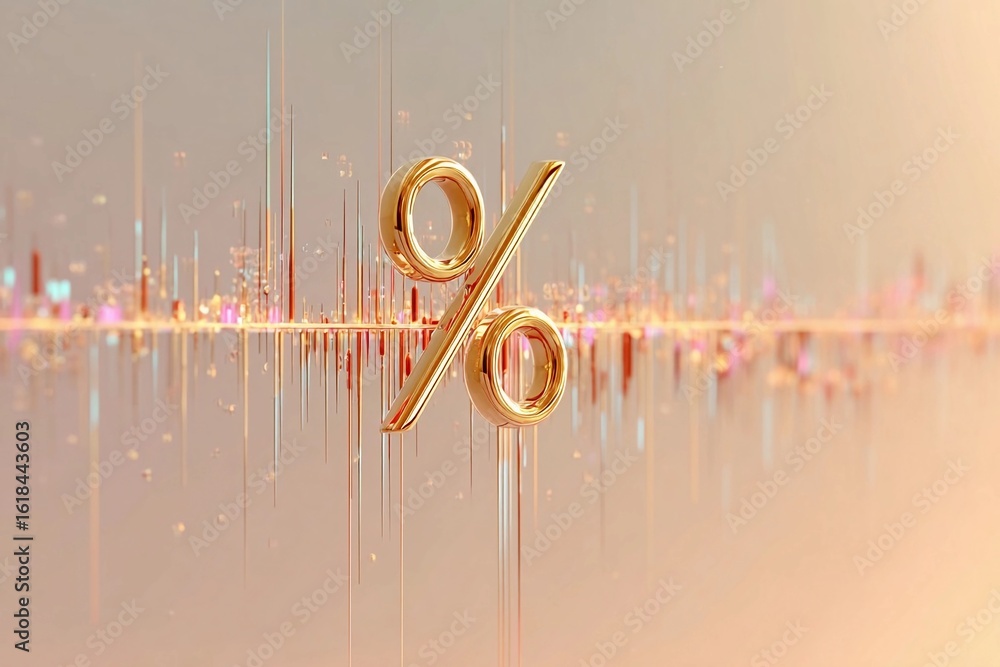 Poster golden percentage symbol surrounded by colorful wave patterns in digital design