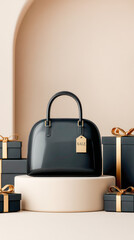 Elegant black handbag displayed on pedestal with gift boxes, showcasing luxury fashion and sale promotion in a stylish setting