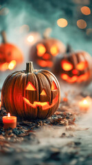 Halloween pumpkins with carved faces glowing in the dark, surrounded by candles and mist, creating a spooky and festive atmosphere for celebration