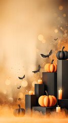 Halloween-themed illustration featuring stacked pumpkins, candles, and bats against a warm, atmospheric background with soft bokeh effects for seasonal decor