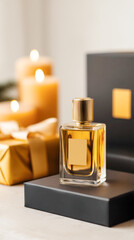 Elegant perfume bottle with empty label displayed on a table with gift boxes and candles, creating a luxurious ambiance for special occasions and celebrations