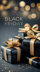 Elegant black gift boxes with golden ribbons arranged on a festive background, creating a luxurious atmosphere for Black Friday shopping