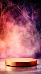 Circular podium on reflective surface surrounded by colorful smoke and mist, creating an atmospheric Halloween display for product presentation or showcase