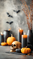 Halloween-themed decorative arrangement featuring skull, candles, pumpkins, and dried branches creating a spooky atmosphere for seasonal celebrations