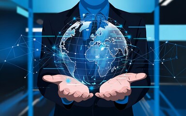 "Holding Glowing Digital Globe World with Network Connections in Open Hands ,Futuristic Global Connectivity Concept ,Digital Earth Hologram with Network Lines,"
