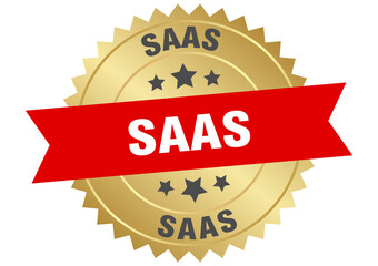 saas. saas round red and gold label isolated on transparent background