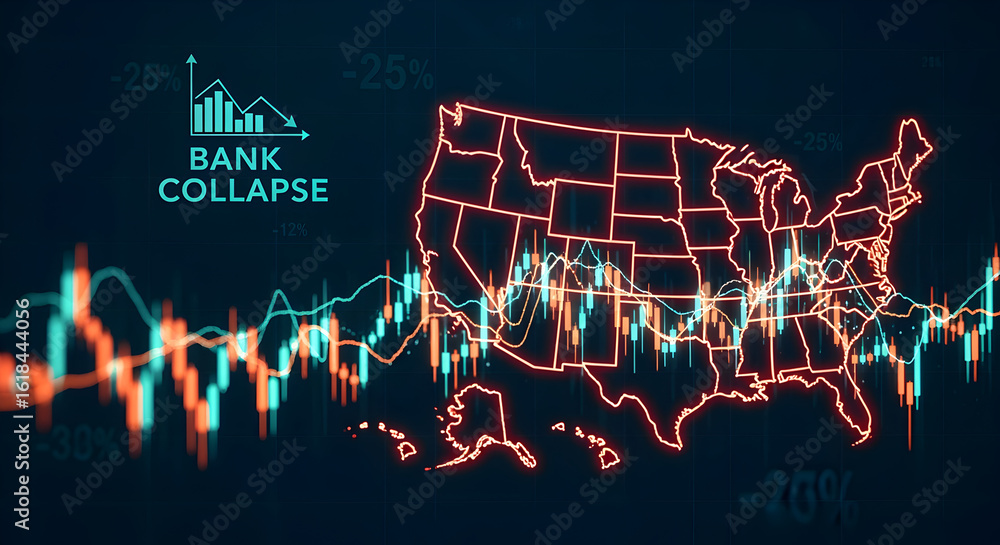 Poster bank collapse with declining stock market chart data and a map of the united states on dark backgrou
