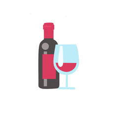 Flat Vector Illustration Of Wine Bottle And Glass - Minimalist Alcoholic Drink Icon